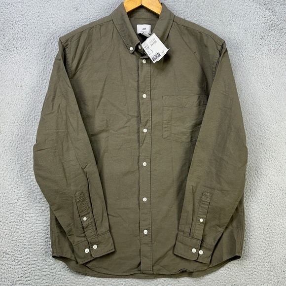 H&M Shirt Button Down Men Large Olive Green Long Sleeve Pocket Casual Cotton NEW